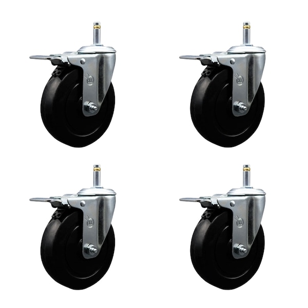 5'' Soft Rubber Wheel Swivel 7/16'' Stem Caster Set with Total Lock Brake, 4PK